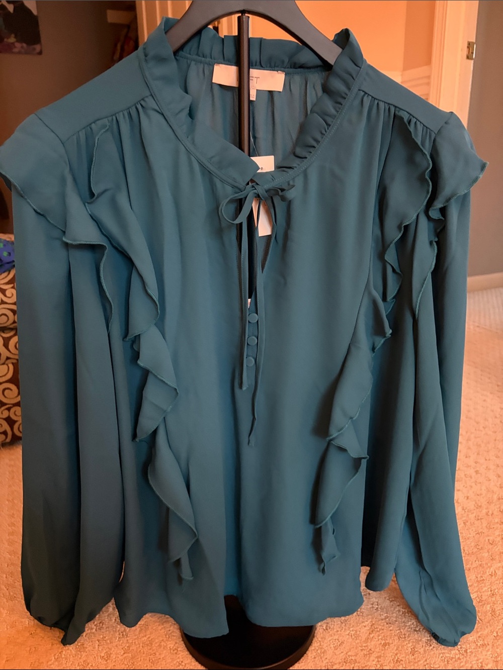 LOFT Teal Ruffle Tie-Neck Long-Sleeve Blouse